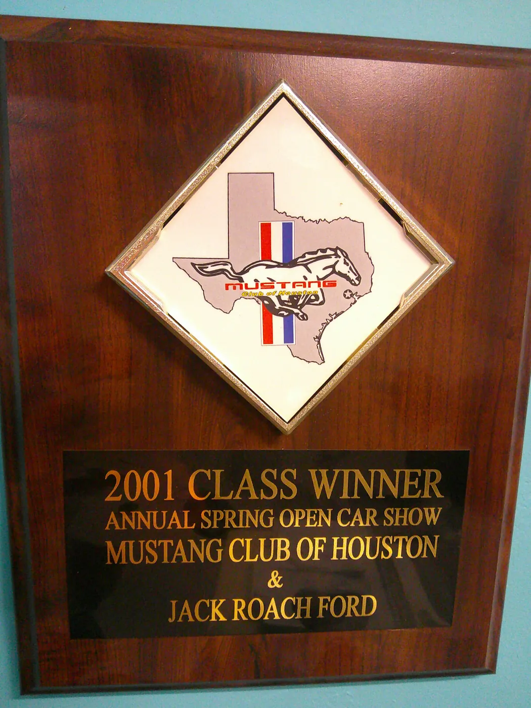 2001 Class Winner plaque, Annual Spring Open Car Show, Mustang Club of Houston.